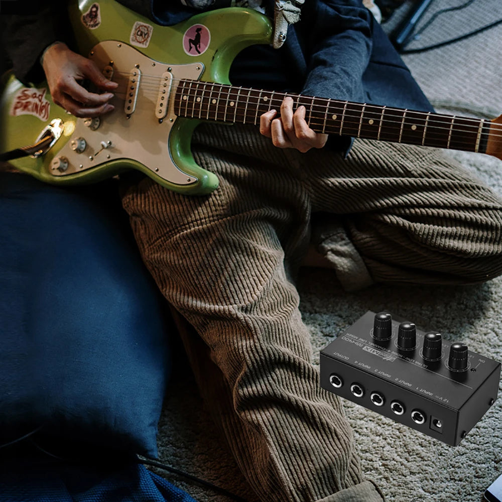 4 Channel Line Mixer Mini Sound Mixer DC 12V Easy Operation Digital Audio Mixer Ultra Low Noise 4 In 1 Out with Power Adapter