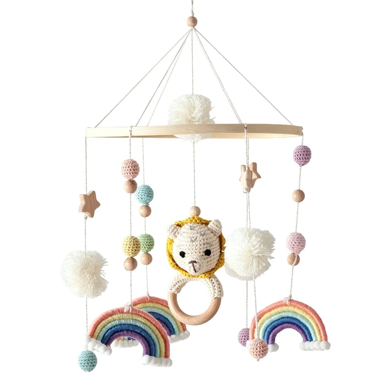 Wooden Crib Mobile Baby Bed Bell Rattle Toy Soft Felt Cartoon Bear Mobile bracket Newborn Music Box Bed Bell Hanging Bracket Toy