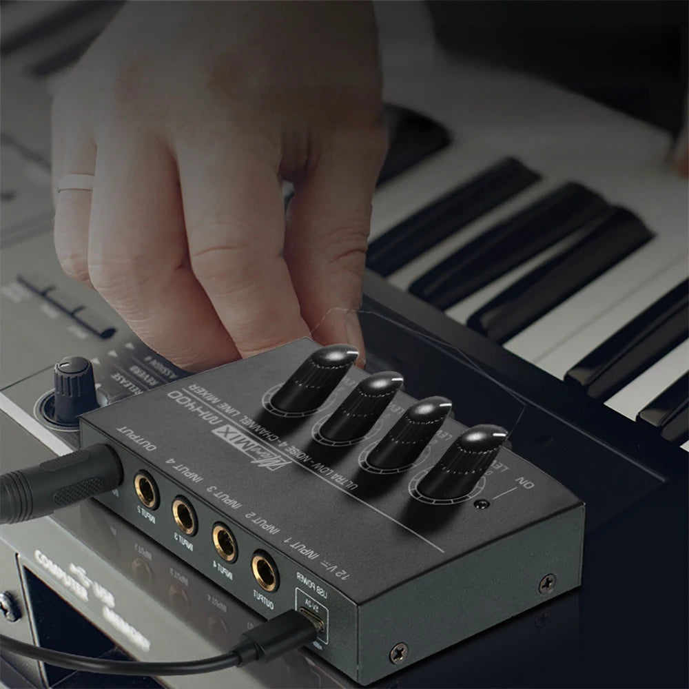 4 Channel Line Mixer Mini Sound Mixer DC 12V Easy Operation Digital Audio Mixer Ultra Low Noise 4 In 1 Out with Power Adapter