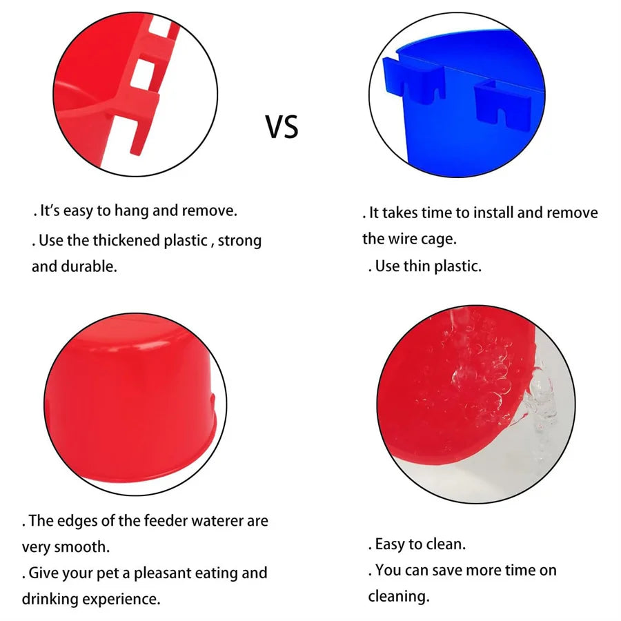 5pcs Feeder Cage Cups Hanging Chicken Water Cups Bowl with Hooks Rabbit Food Plastic Feeding Watering Supplies Pigeon Poultry