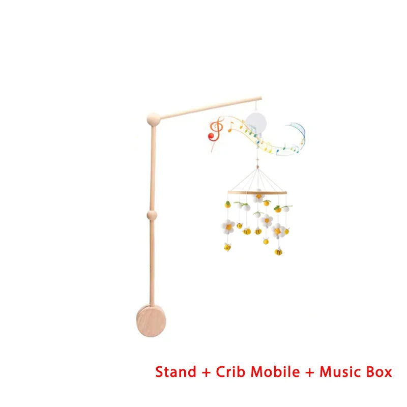 Wooden Crib Mobile Baby Bed Bell Rattle Toy Soft Felt Cartoon Bear Mobile bracket Newborn Music Box Bed Bell Hanging Bracket Toy