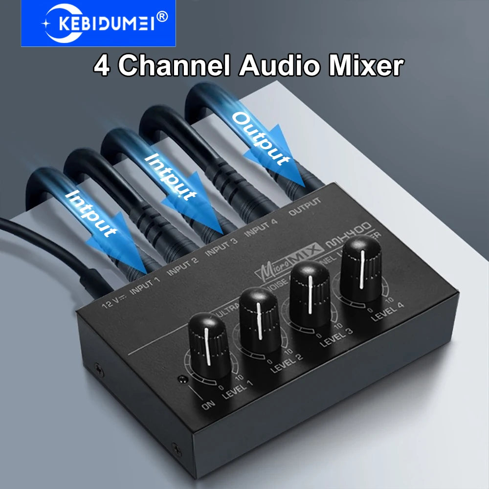 4 Channel Line Mixer Mini Sound Mixer DC 12V Easy Operation Digital Audio Mixer Ultra Low Noise 4 In 1 Out with Power Adapter