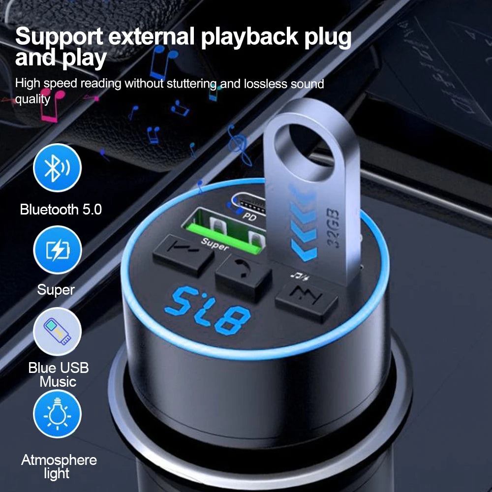 Car Charger FM Transmitter Bluetooth 5.0 Hands Free True 3.1A USB PD Fast Charging MP3 Music Player Car USB Car Charger