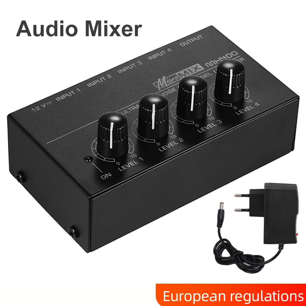 4 Channel Line Mixer Mini Sound Mixer DC 12V Easy Operation Digital Audio Mixer Ultra Low Noise 4 In 1 Out with Power Adapter