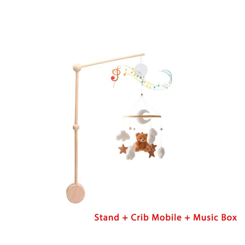 Wooden Crib Mobile Baby Bed Bell Rattle Toy Soft Felt Cartoon Bear Mobile bracket Newborn Music Box Bed Bell Hanging Bracket Toy